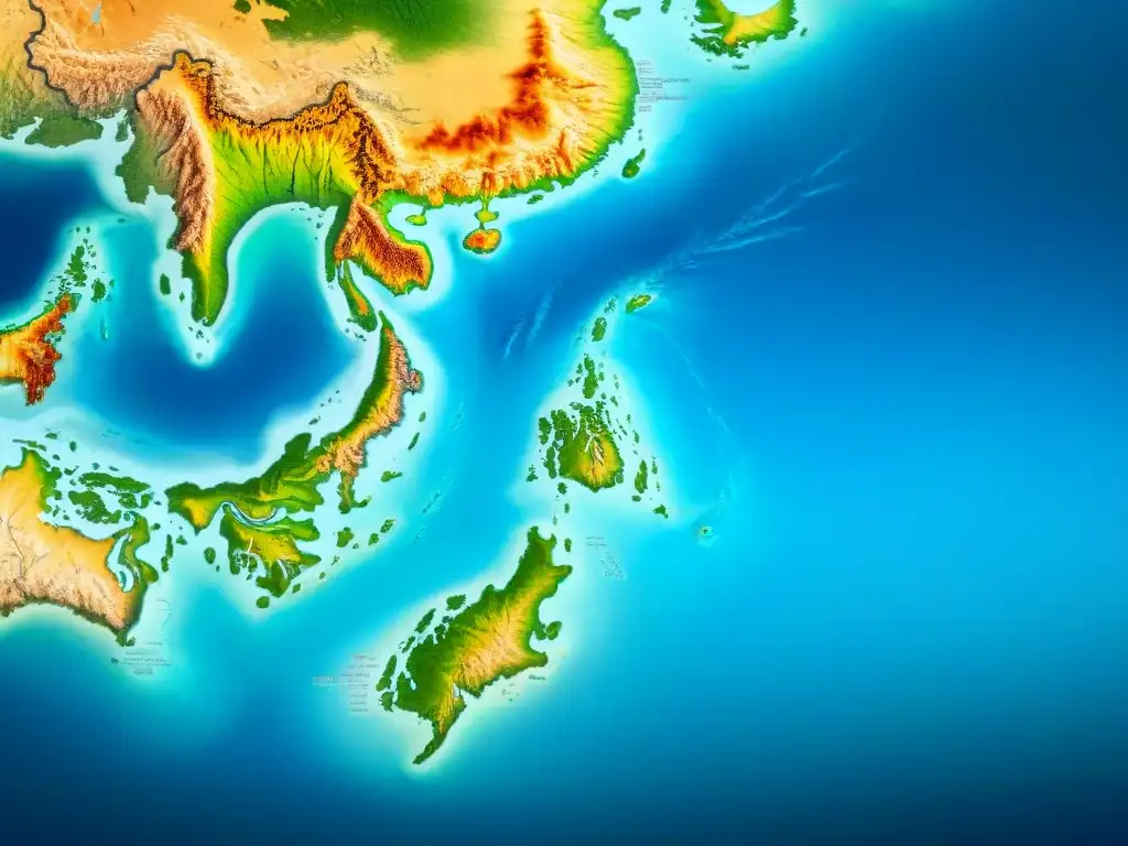 Mapa vintage detallado del Mar de China Meridional con rutas náuticas, criaturas marinas y paisajes costeros