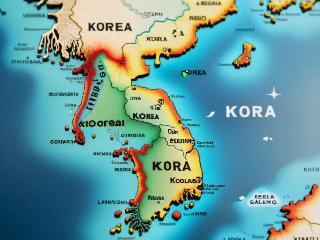 Mapa sepia vintage de Corea, con detalles cartográficos históricos y delicada caligrafía