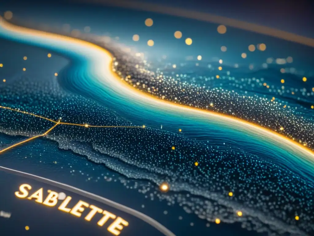 Un mapa sepia vintage detallando rutas satelitales y relieve, bajo un cielo estrellado con constelaciones