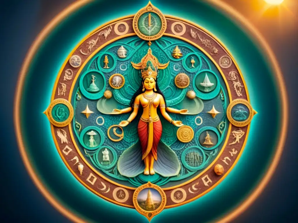 Representación divina en mapas antiguos: Intrincado mapa con deidades, seres celestiales y criaturas míticas entrelazadas con elementos geográficos