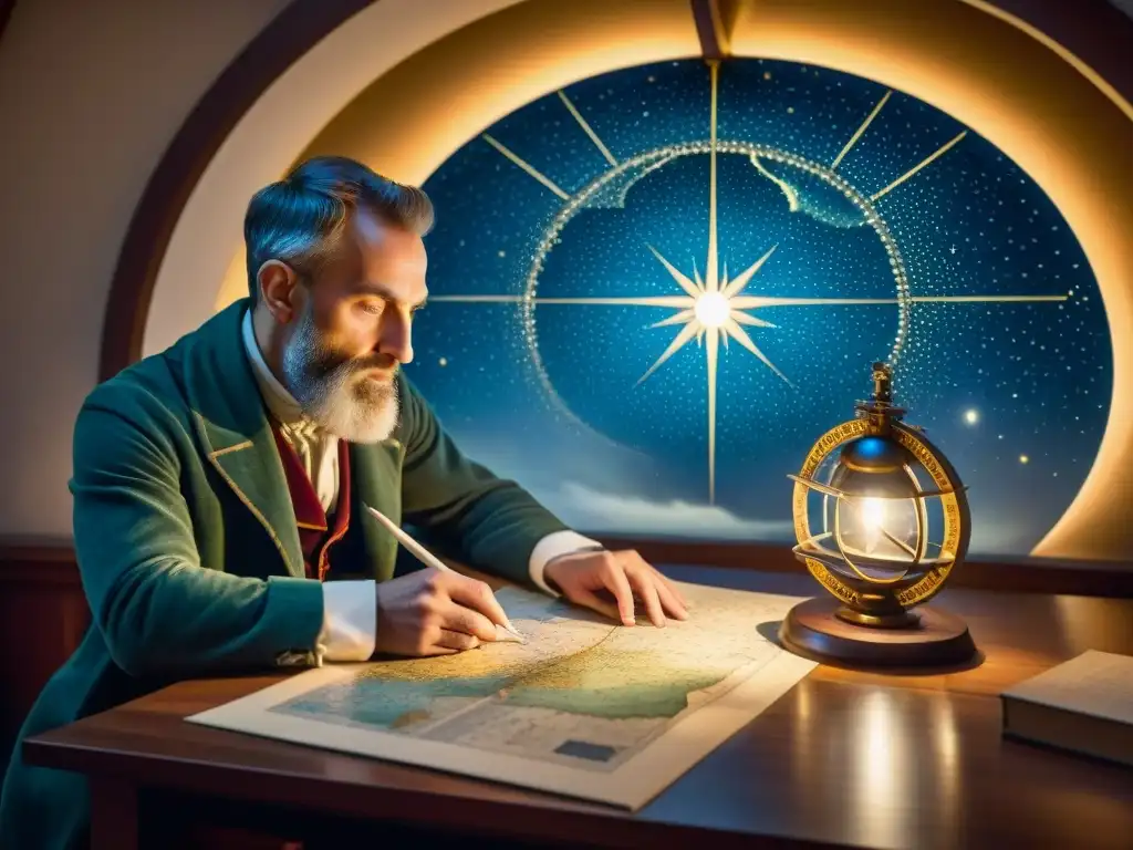 Johannes Kepler estudia mapas celestes en su estudio iluminado por velas, creando una atmósfera de descubrimiento y curiosidad