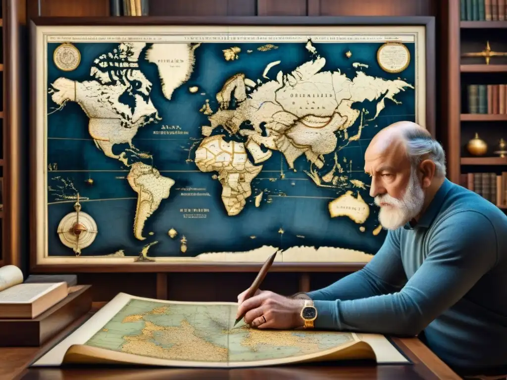 Abraham Ortelius dibuja mapas detallados rodeado de herramientas cartográficas antiguas en un estudio del siglo XVI, evolución de la cartografía moderna