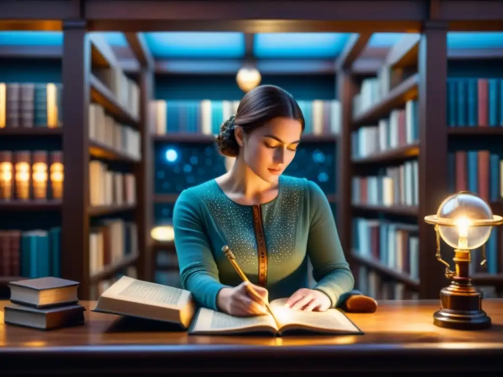 Agnes Mary Clerke estudia mapas estelares bajo la luz de una lámpara en una biblioteca grandiosa, rodeada de libros antiguos y cartas celestes