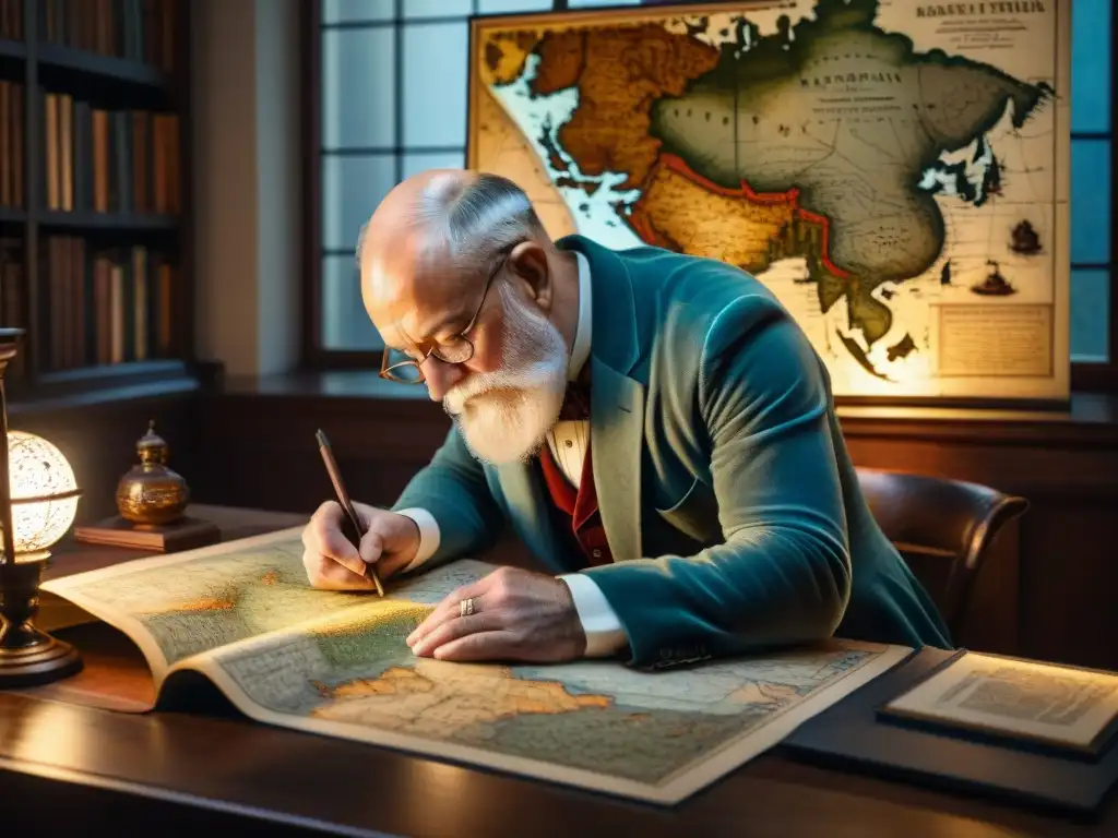 Abraham Ortelius traza mapas en su estudio del siglo XVI, rodeado de globos y herramientas de cartografía