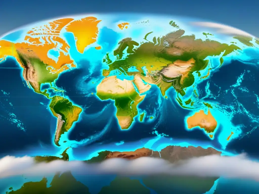 Mapas predictivos cambio climático naciones: Detallado mapa sepia con patrones climáticos y proyecciones impacto ambiental global