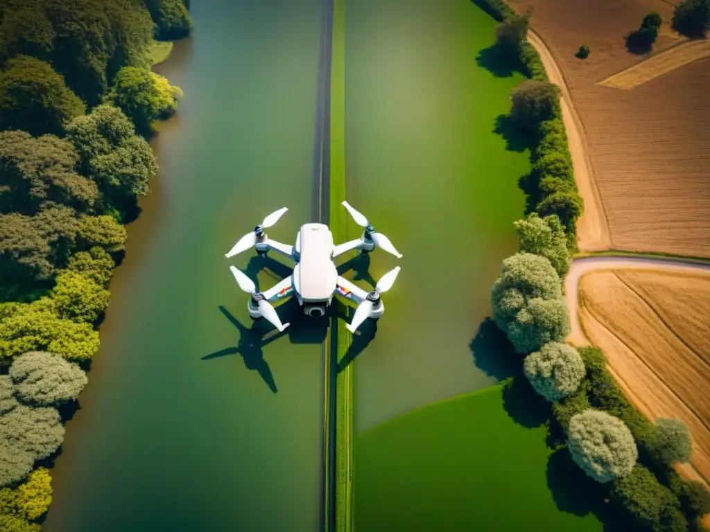 Mapeo aéreo con drones costos: Drone profesional sobrevolando un paisaje verde con tecnología de vanguardia