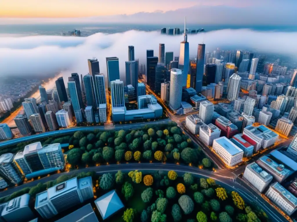 Mapeo aéreo con drones: Increíble vista aérea de la ciudad, destacando rascacielos, calles llenas de autos y un río entre edificios