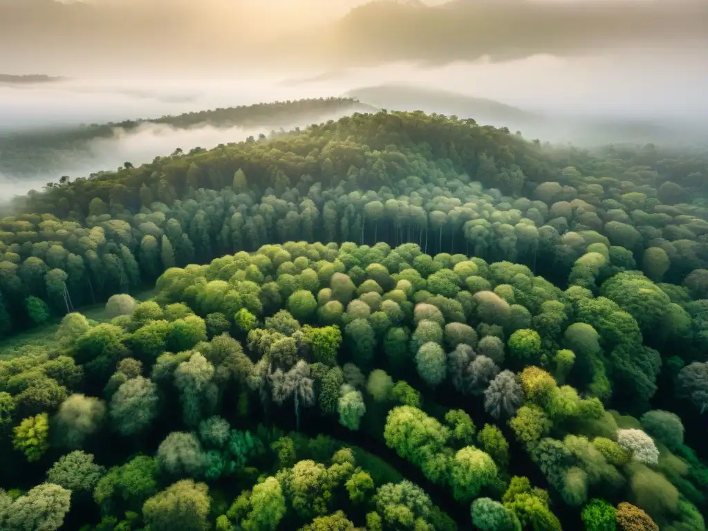 Mapeo aéreo de exuberante bosque desde drone, destacando red de árboles y ríos