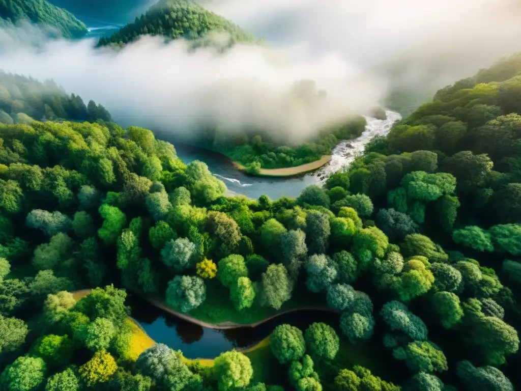 Mapeo aéreo de una exuberante selva verde, río serpenteante, vida silvestre variada y luz filtrándose entre el dosel del bosque