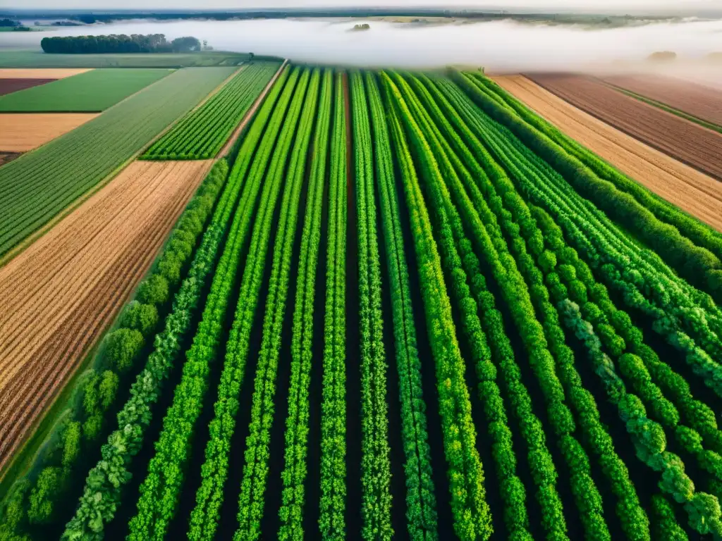 Revolución en el mapeo de cultivos con drones: vista aérea de extenso campo de cultivo verde organizado en patrones precisos