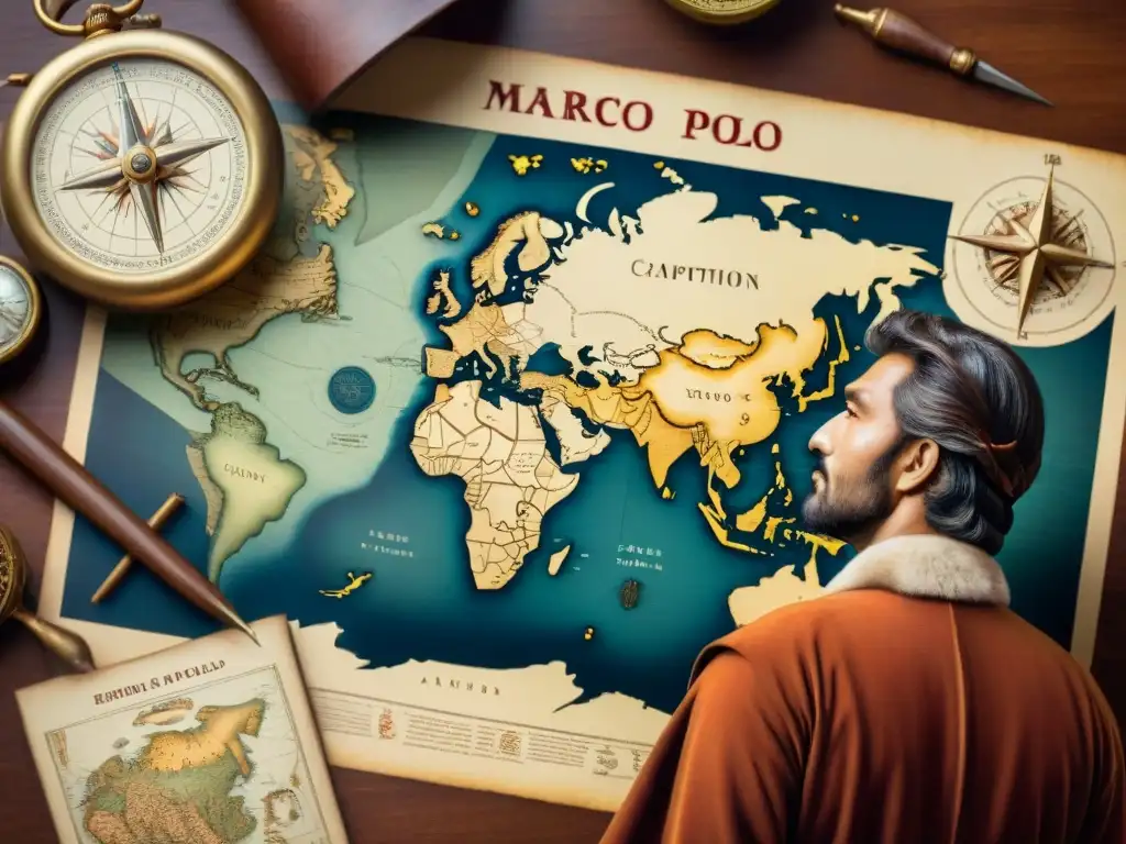 Ilustración sepia de Marco Polo estudiando un antiguo mapa mundial detallado rodeado de herramientas cartográficas