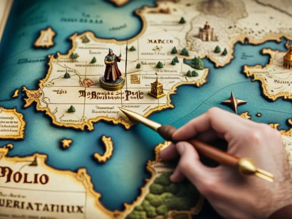 Marco Polo navegando por una cartografía medieval llena de criaturas marinas y tierras exóticas