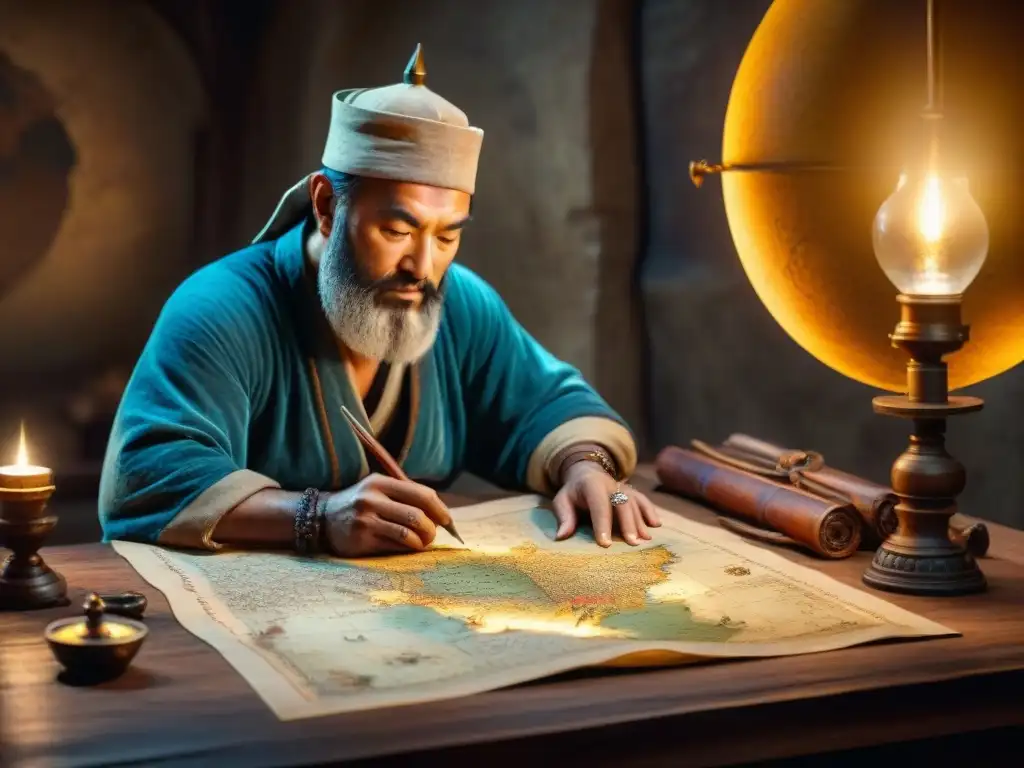 Marco Polo traza mapa, evolución cartografía mundo, iluminado por velas