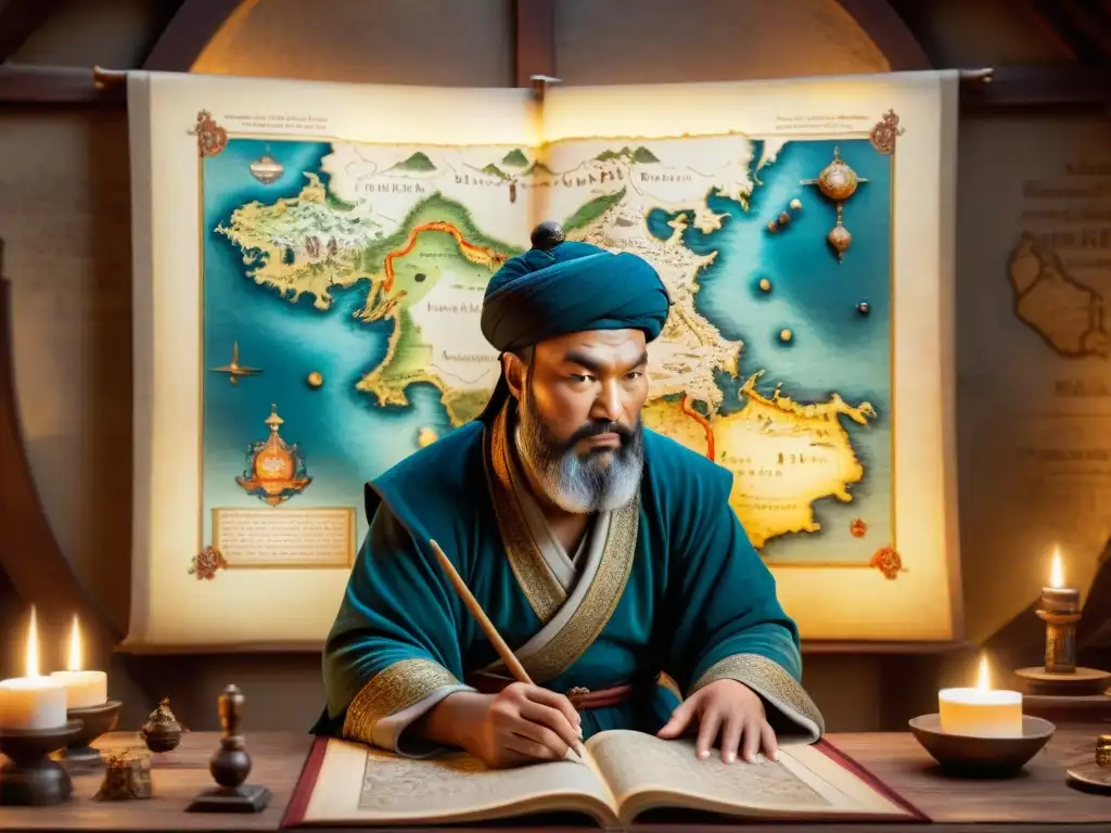 Marco Polo explorando mapas antiguos en un taller medieval, evocando la evolución cartografía mapas antiguos digitales