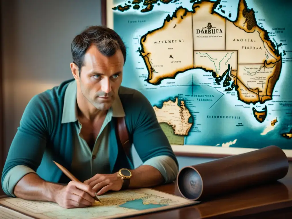 Matthew Flinders traza la costa de Australia en un mapa antiguo, destacando su importancia cartográfica en la historia