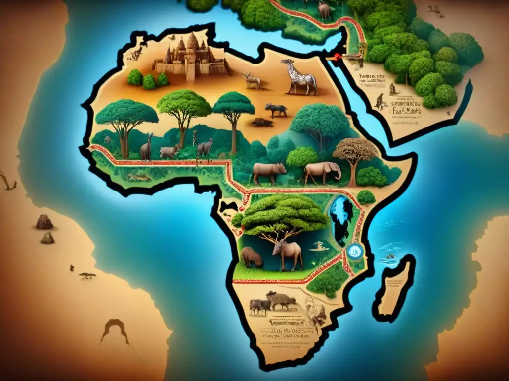 Representación cartográfica de África medieval detallada con ilustraciones de vida silvestre, criaturas míticas y paisajes exóticos en tonos sepia