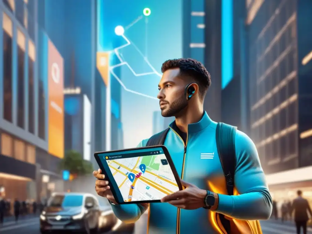 Courier urbano con mapa holográfico: eficiencia y tecnología Un mensajero usando un mapa digital avanzado en una ciudad bulliciosa