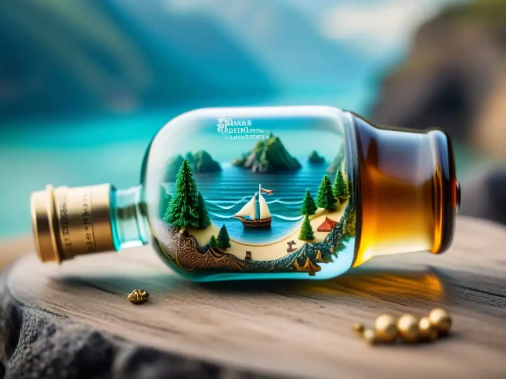 Miniatura cartográfica artesanal: evolución en una botella de vidrio con diseño detallado y criaturas marinas