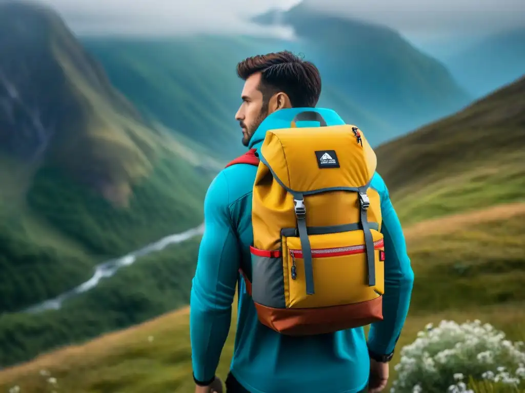 Una mochila técnica para exploradores cómodas cargada de equipo de camping, destacando su resistencia en la montaña brumosa