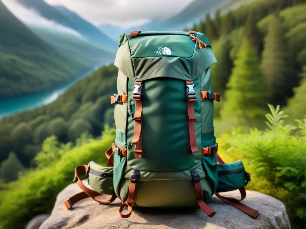 Una mochila técnica para exploradores cómodas descansando en un bosque verde y soleado