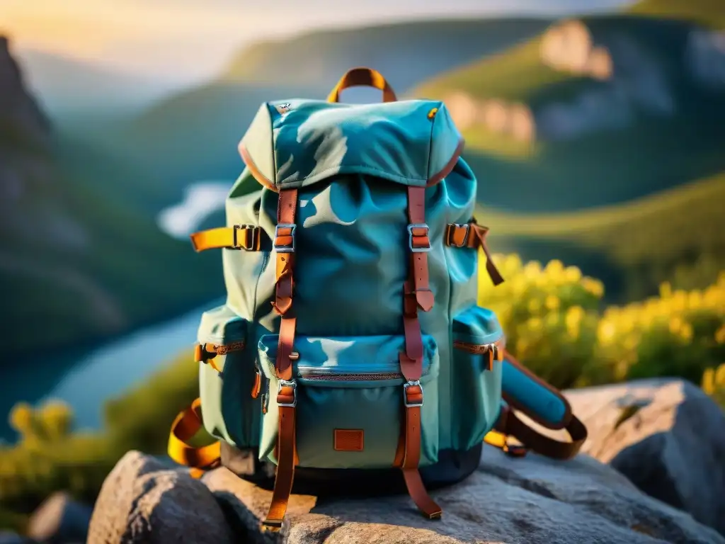 Una mochila técnica para exploradores cómodas en un acantilado, cargada de equipo de camping, bajo la luz dorada del atardecer