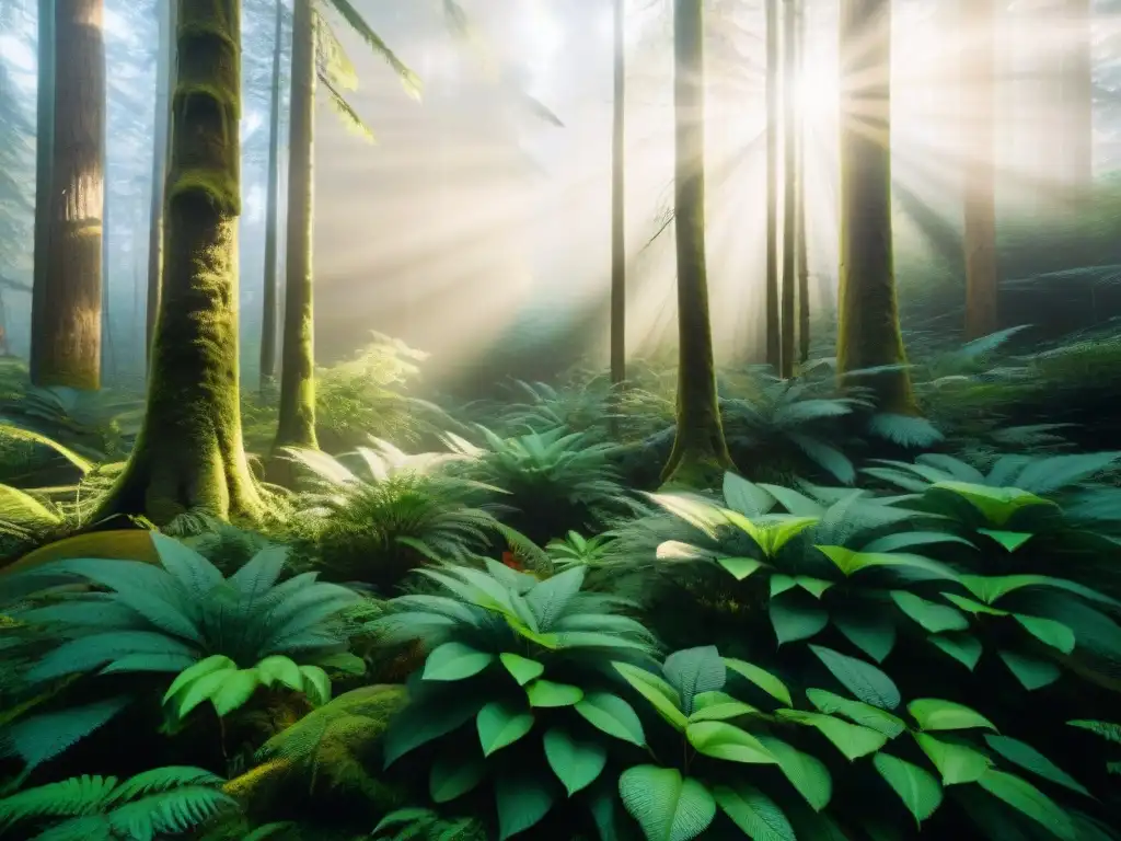 Modelado de ecosistemas con SIG: Un bosque denso y exuberante iluminado por el sol, con patrones de luz y sombra en el suelo del bosque