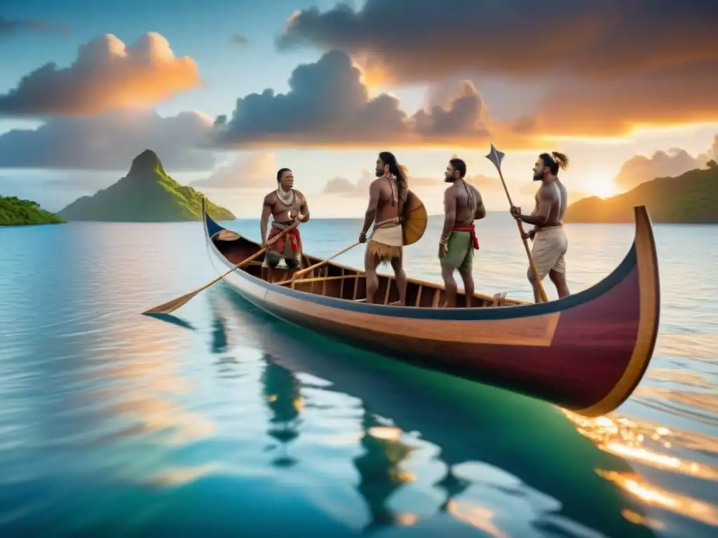 Navegantes polinesios trazando rutas en canoa doble casco al atardecer en el Pacífico