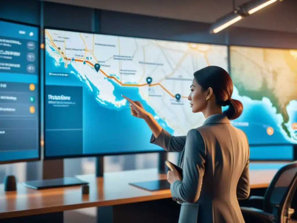 Oficina logística: estrategia y eficiencia en acción Oficina logística con mapa digital mostrando rutas optimizadas en la ciudad