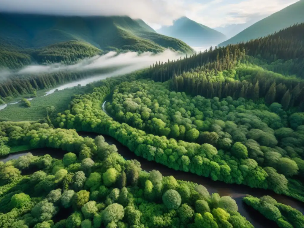 Un paisaje aéreo detallado en sepia de bosques verdes entrelazados con ríos, montañas nevadas al fondo