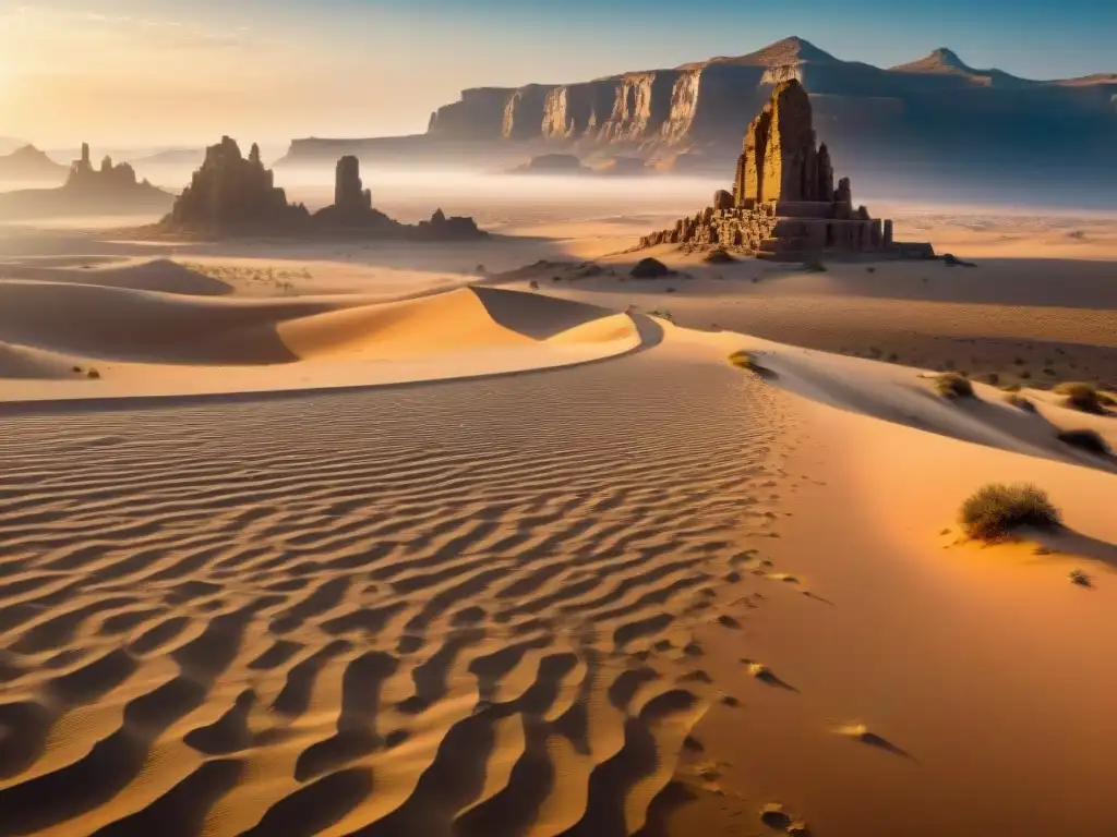 Un paisaje desértico con rutas de caravanas en desierto, ruinas antiguas y cálido atardecer