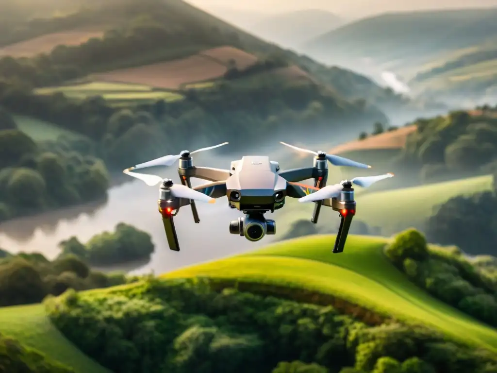 Un paisaje sepia con un dron hightech equipado con sensores avanzados de mapeo aéreo, sobrevolando un entorno exuberante