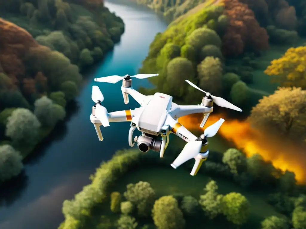 Un paisaje exuberante capturado con precisión por un dron en movimiento, en tonos sepia