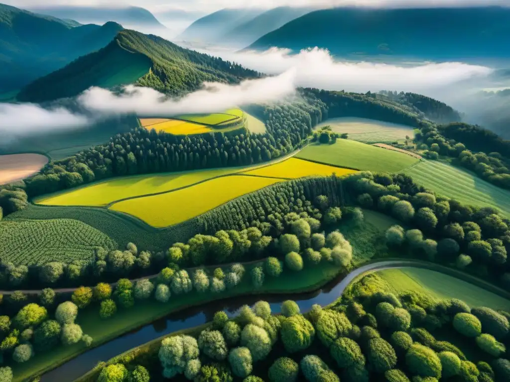 Un paisaje impresionante capturado por un dron en sepia, mostrando campos, bosques y un río serpenteante