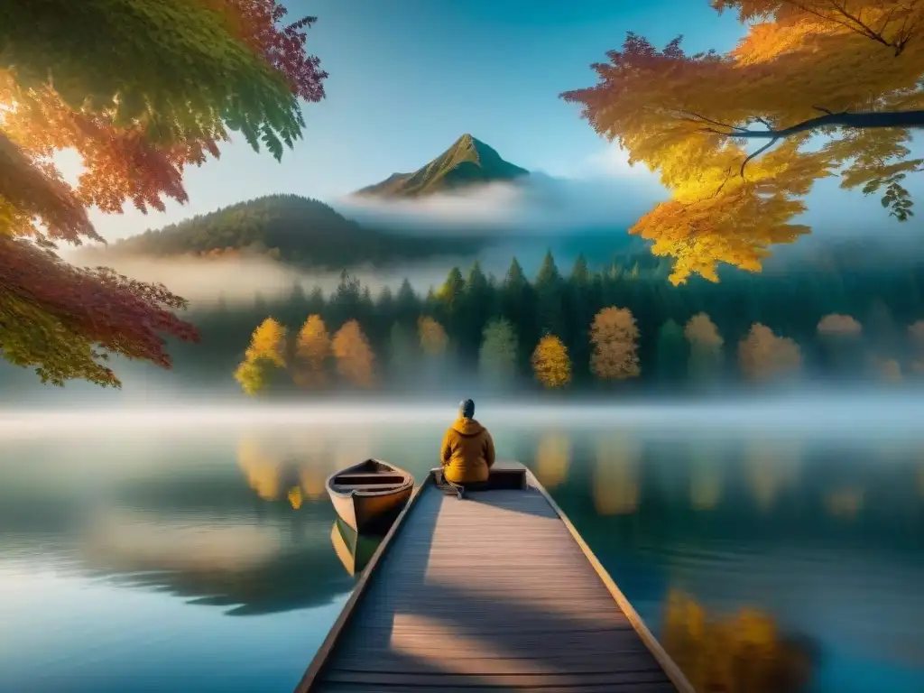 Un paisaje otoñal sereno con lago y bote, muelle de madera, árboles coloridos