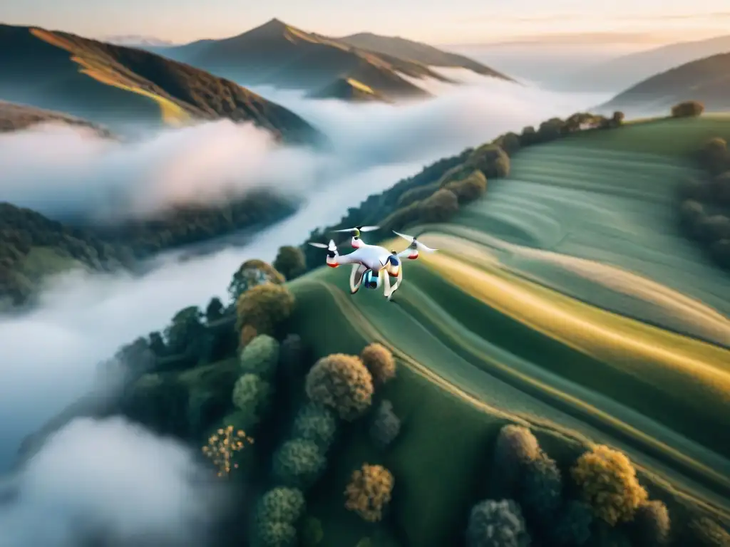 Un paisaje pintoresco al amanecer con un dron volando elegantemente sobre colinas y río