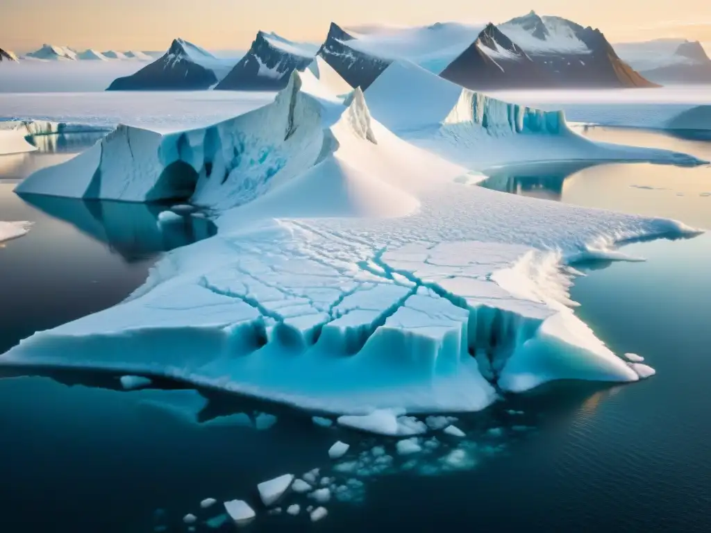 Un paisaje polar helado en sepia: un glaciar gigante se desprende en el océano, con icebergs flotando