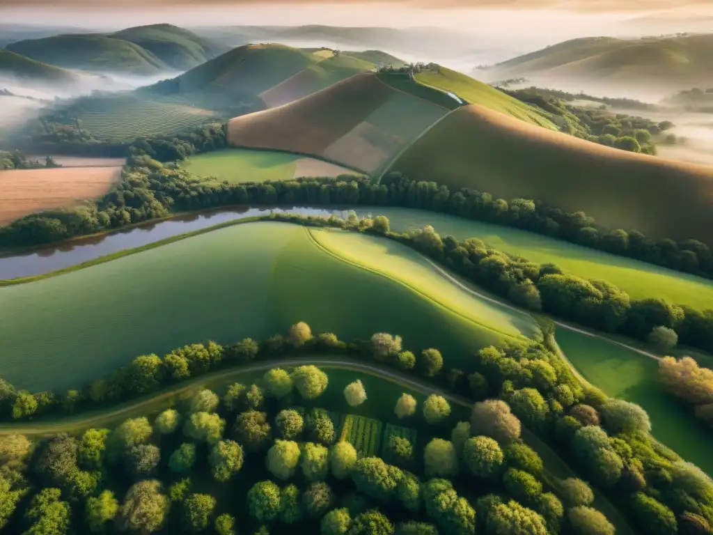 Un paisaje sereno de campo con colinas, bosques verdes y río desde un dron