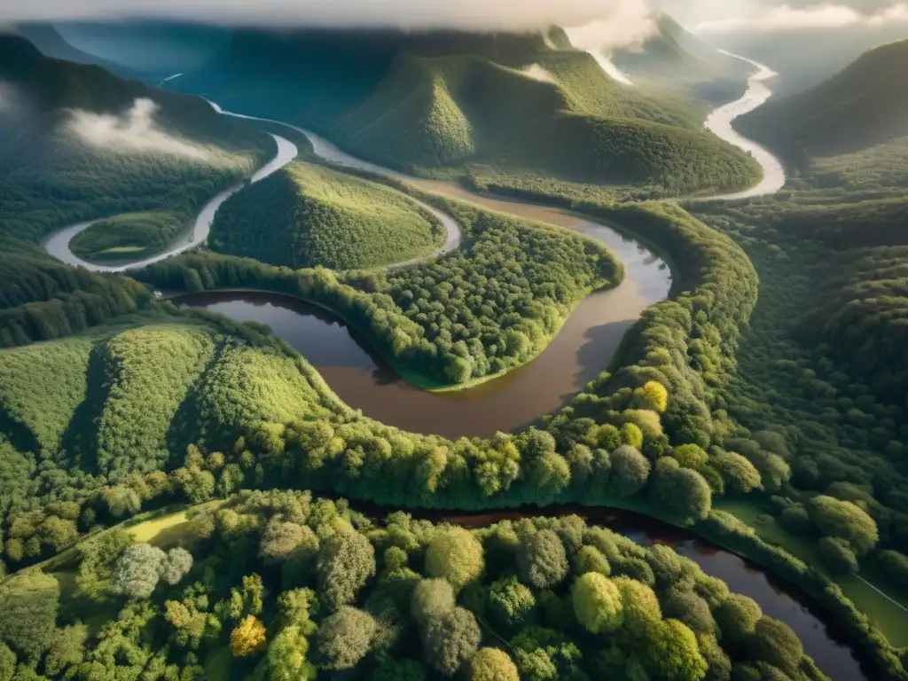 Un paisaje sepia de ríos serpenteantes entre exuberantes bosques, con juegos de luz y sombra