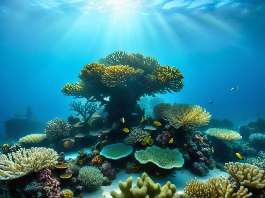 Un paisaje submarino detallado en sepia, con arrecifes de coral, peces vibrantes y restos de naufragios, iluminado por rayos de sol