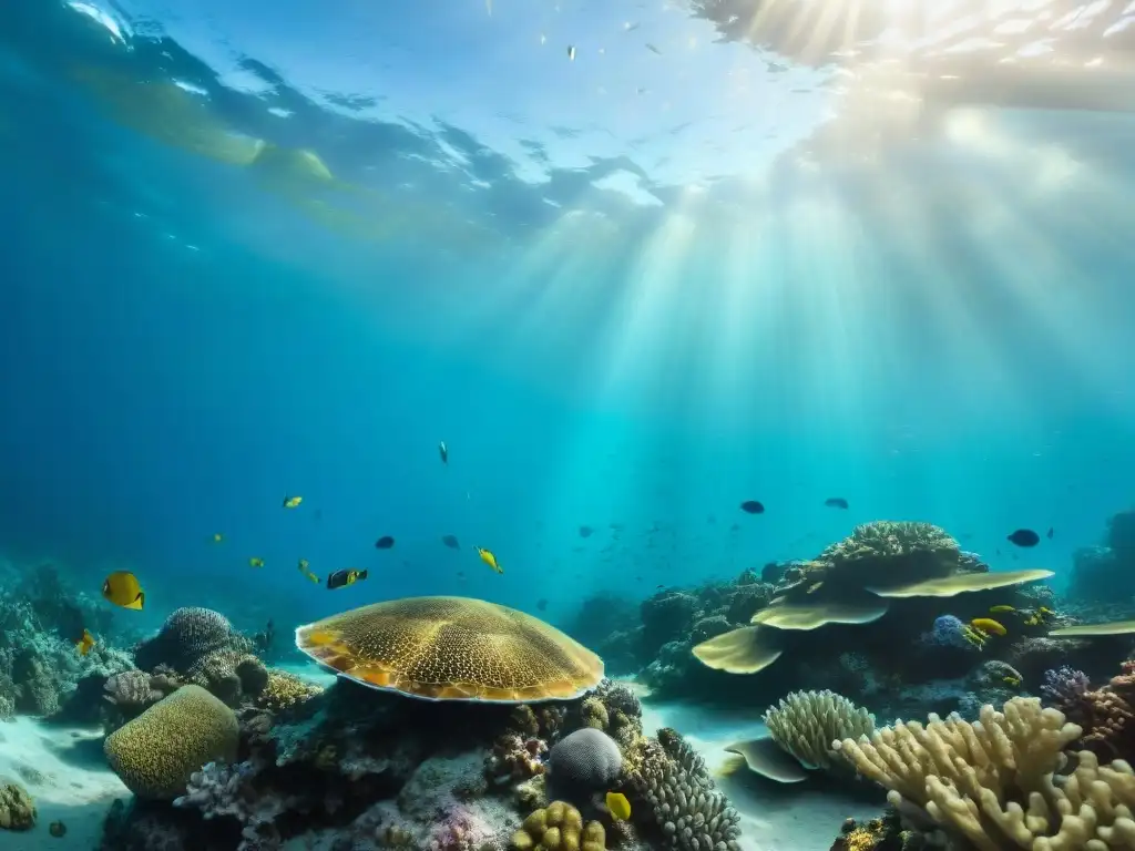 Un paisaje submarino detallado con arrecifes de coral coloridos y vida marina diversa