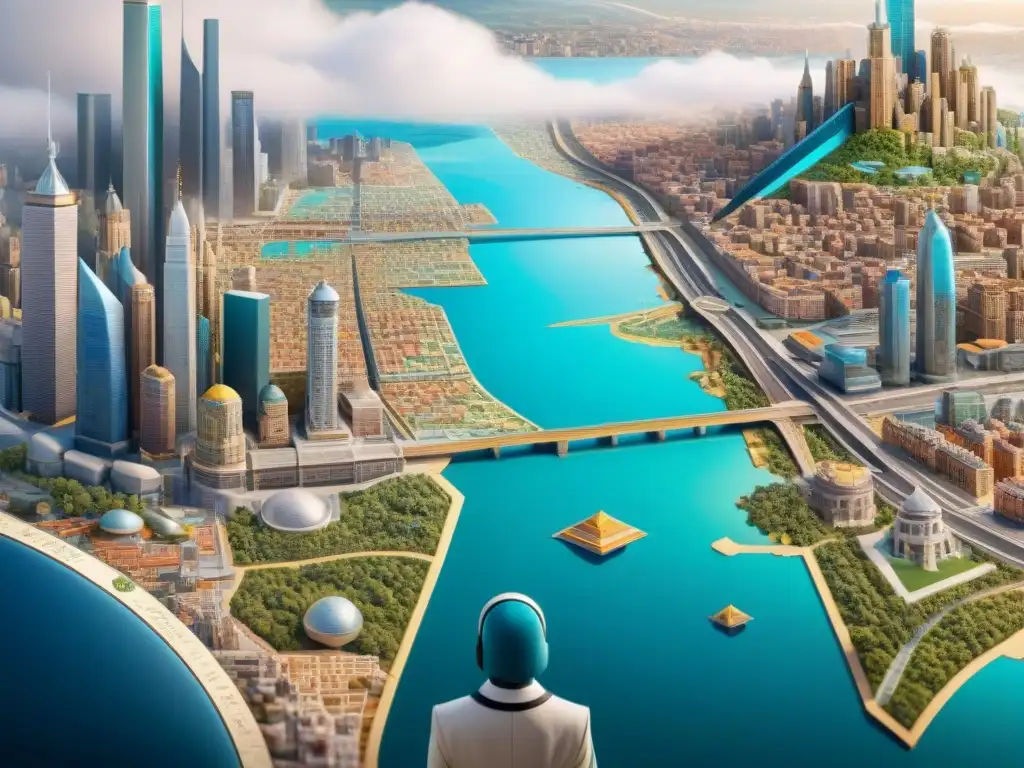 Un paisaje urbano futurista se fusiona con antiguos mapas en una colaboración cartógrafos IA evolución