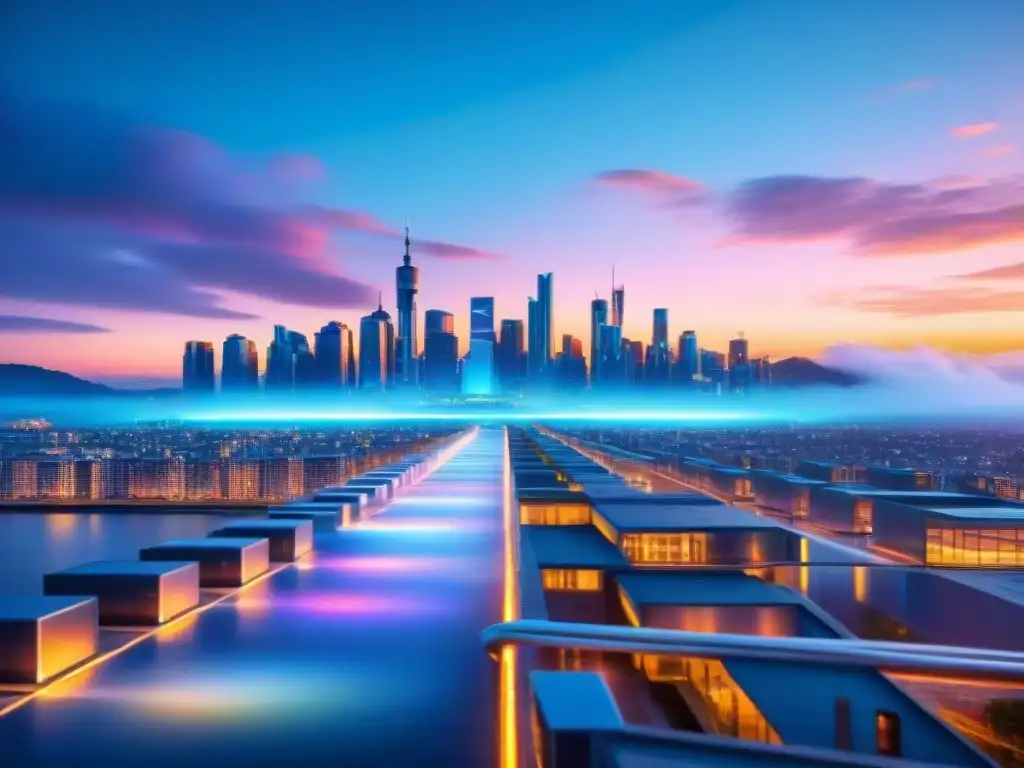 Un paisaje urbano futurista en sepia al anochecer, con barreras de seguridad holográficas alrededor de edificios y servidores de datos, simbolizando medidas avanzadas de seguridad en la era digital