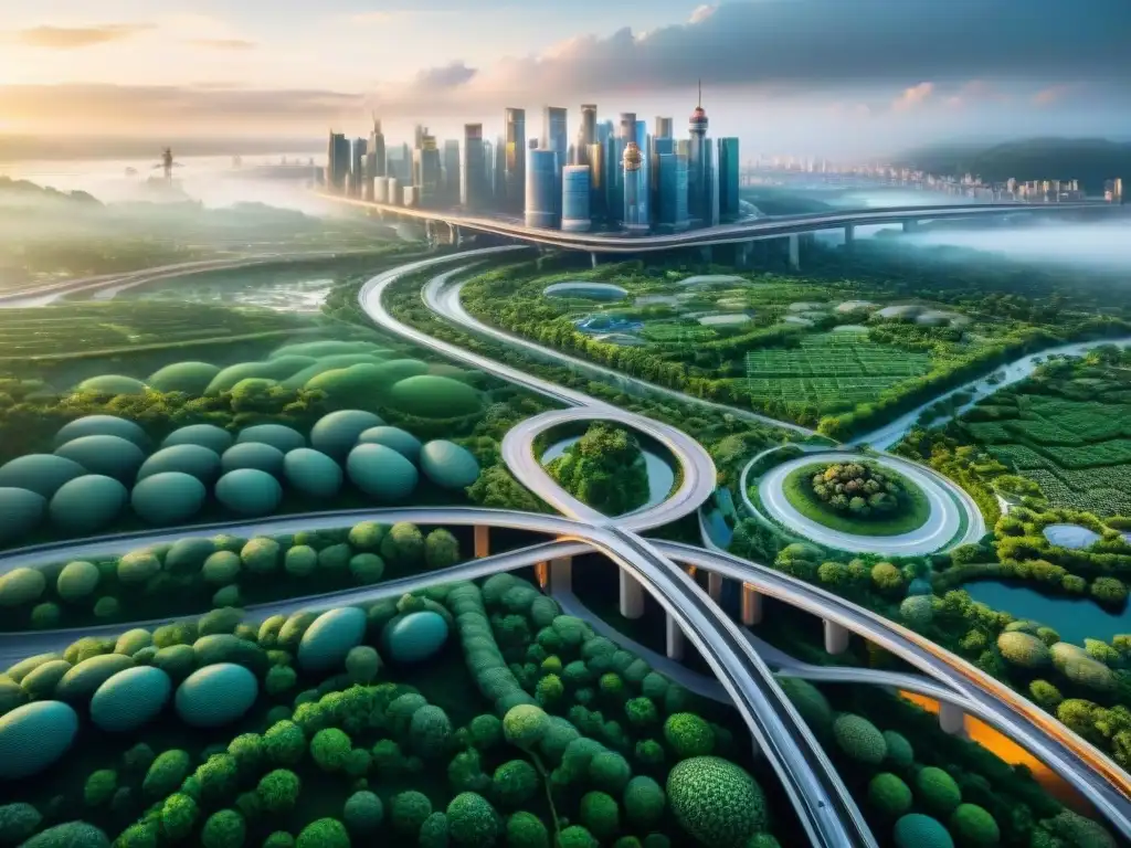 Un paisaje urbano futurista detallado en sepia, con una red de transporte interconectada con vegetación y estructuras sostenibles