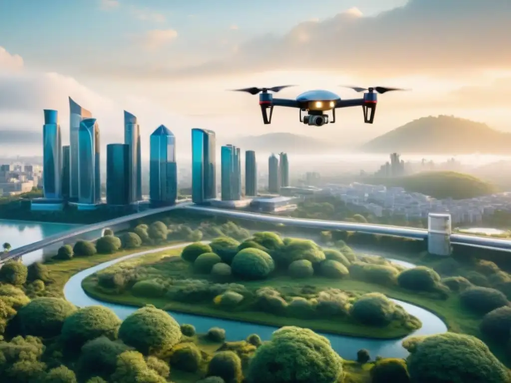 Un paisaje urbano futurista con drones AI y edificios inteligentes integrados con la naturaleza