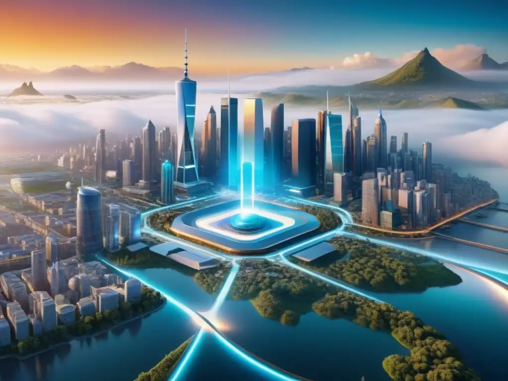 Un paisaje urbano futurista con hologramas y mapas digitales, simbolizando la evolución de la cartografía digital