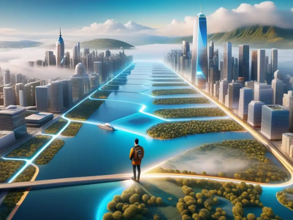 Un paisaje urbano futurista donde la IA y realidad aumentada se integran en mapas dinámicos