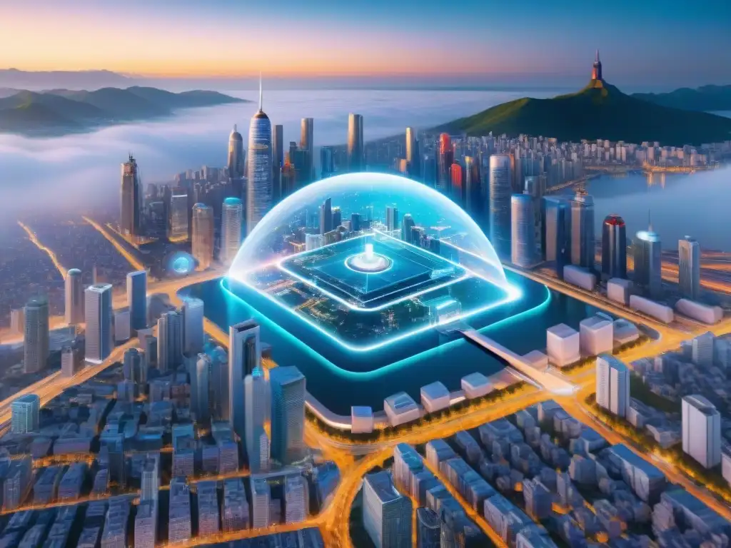 Un paisaje urbano futurista con mapas holográficos en el aire, representando la integración de IA y realidad aumentada en cartografía