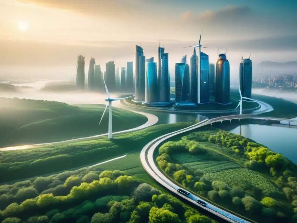 Un paisaje urbano futurista con tecnologías avanzadas de IA integradas para combatir el cambio climático