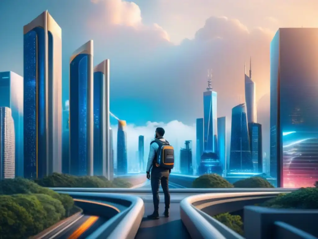 Un paisaje urbano futurista con tecnologías avanzadas GNSS e IoT integradas, fusionando innovación y eficiencia