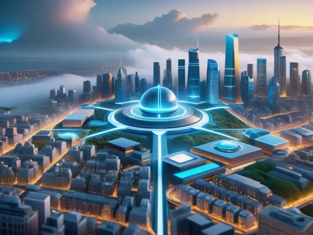 Un paisaje urbano futurista donde la cartografía se transforma digitalmente